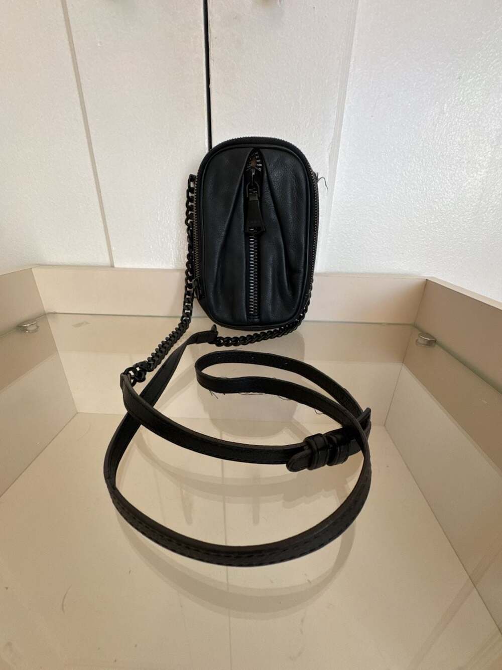 Aimee Kestenberg Black Leather Crossbody Phone Bag with Black Chain Strap - whim